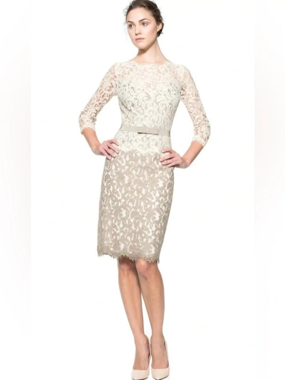 Tadashi Shoji LACE ¾ SLEEVE DRESS Grossgrain Ribbon Belt, Size 4 Petite